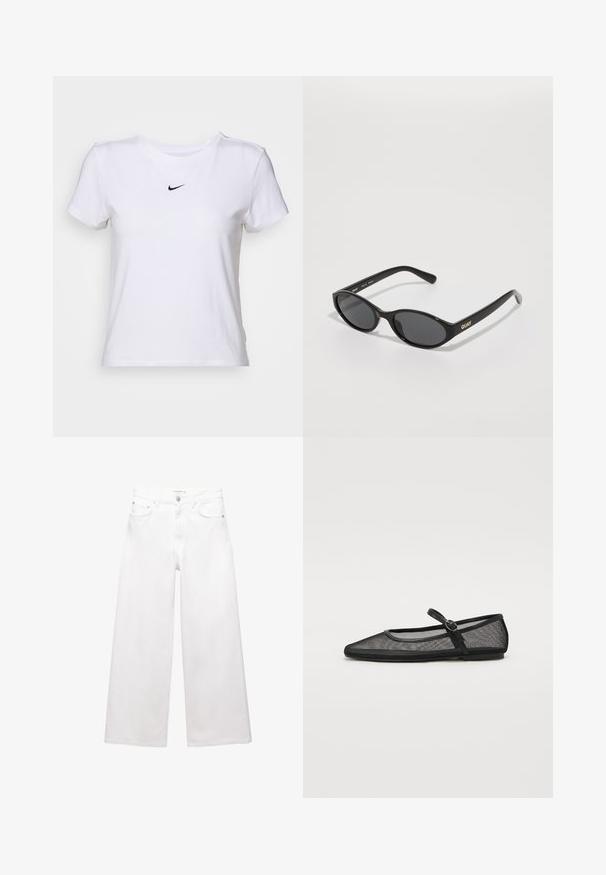 Tricou alb din bumbac, cu guler rotund și mâneci scurte, având un mic logo Nike de culoare neagră pe partea din față, la mijloc.; Blugi albi cu croiala larga, din bumbac, cu talie inalta, design cu cinci buzunare si accente din alamă. Textura netedă, fără uzură.; Balerini din plasă neagră, cu vârful ascuțit, dotate cu o curea cu cataramă și o talpă joasă și plată. Material textil translucent.; Ochelari de soare negri cu lentile rotunde, cadru din plastic lucios și logo-ul "QUAY" aurit pe margine. Au lentile întunecate.