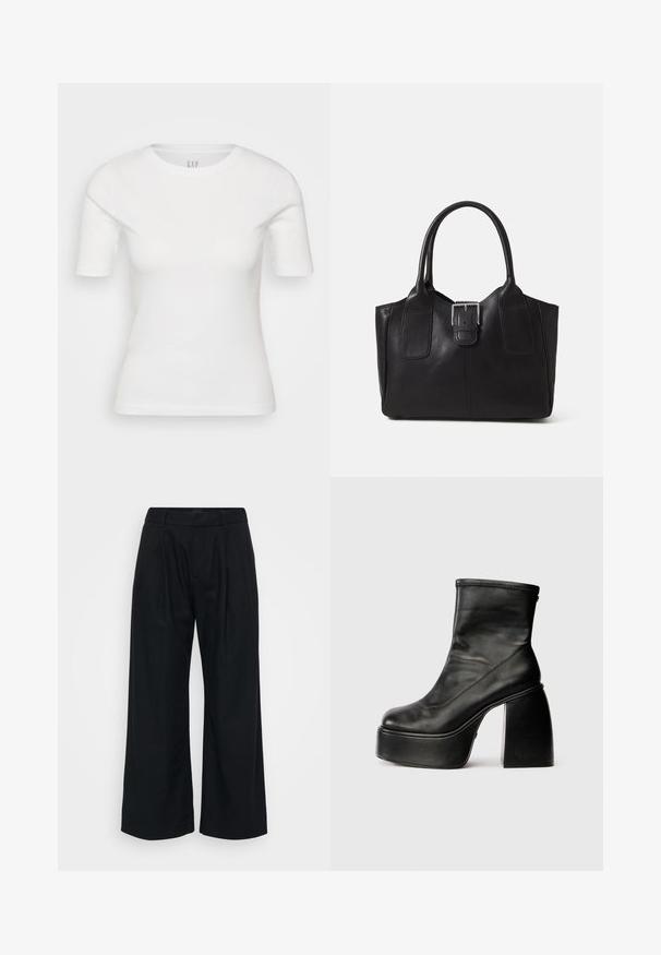 Tricou alb cu mânecă scurtă, realizat din bumbac. Guler clasic de tip rotund cu o textură netedă. Prezintă logo-ul GAP pe guler.; Pantaloni negri cu picior larg, confecționați dintr-un material moale, cu fața plată, pliseuri vizibile și o talie cu bucle pentru curea.; Botine negre din piele, cu vârf rotunjit, textură netedă și un toc bloc proeminent. Au un fermoar pe lateral. Design minimalist.; Geantă tote din piele neagră cu textură netedă, formă structurată, două mânere și un detaliu proeminent din aliaj de argint pe partea din față.