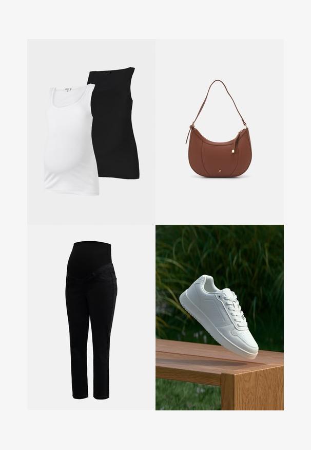 Topuri de maternitate fără mâneci, cu dungi albe și negre, cu decolteu rotund, expuse pe un fundal simplu.; Jeans de maternitate negri, cu talie înaltă elastică și picioare slim-fit, concepute pentru confort și suport în timpul sarcinii.; Sneaker alb cu un upper sintetic neted, cu vârf perforat, șireturi plate și o talpă texturată, expus pe o suprafață de lemn.; Geantă de umăr din piele ecologică maro, cu o formă curbată, cusături minime și un accent din metal auriu. Are un închidere cu fermoar în partea de sus și o curea ajustabilă.