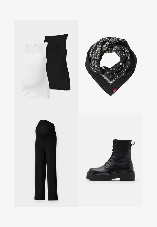 White and black ribbed sleeveless maternity tank tops with scoop necks displayed on plain background.; Black maternity pants with a stretchy, fitted waistband and wide-leg design. Made of soft fabric, offering comfort and support.; Black leather ankle boots with a round toe, lace-up front, and a thick rubber sole featuring a textured tread. Pull tab at the back.; Levi's® PAISLEY BANDANA UNISEX - Foulard - regular black