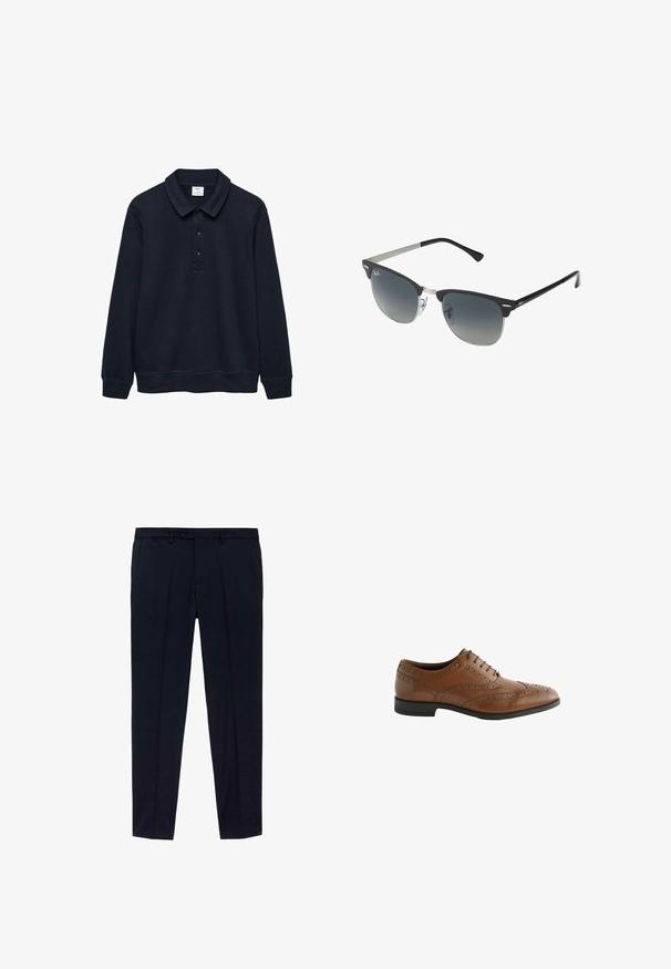 Marineblaue Langarm-Polohemd aus einem weichen Material, mit einem umgeschlagenen Kragen, drei Knöpfen und gerippten Bündchen und Saum.; Königsblaue Hose mit flachem Vorderdesign, aus glattem Stoff gefertigt. Zu den Details gehören zwei seitliche Taschen und ein Reißverschluss mit Knopfverschluss.; Braune Leder-Schnürschuhe mit kunstvollen Broguing-Details, runder Zehenform und flachem Absatz. Verfügt über fünf Schnürösen und eine glatte Oberfläche.; Schwarze und silberne Sonnenbrille mit Katzenaugenform, verlaufenden Gläsern und metallischen Akzenten im Rahmen. Plastische Bügel mit grauen Spitzen.