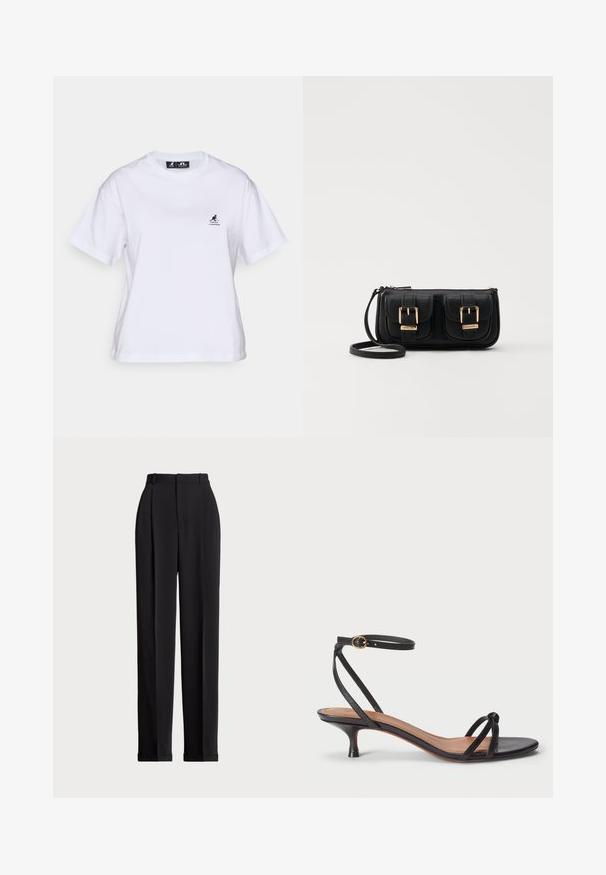 Balts kokvilnas T-krekls ar apaļu kakla izgriezumu un īsām piedurknēm. Uz kreisās krūšu daļas ir neliels melns kengūra logotips.; Melnas piegriezuma bikses ar augstu jostasvietu, priekšā ar krokām, taisna kāju dizains un ar aprocēm. Izgatavotas no gludas auduma.; Polo Ralph Lauren LEATHER KITTEN-HEEL SANDAL - Klasiski papēži - black; Melnas ādas crossbody soma ar divām priekšējām kabatām, zelta sprādzēm, ar rāvējslēdzēju aizdari un šauru siksnu. Strukturēta virsma un kompakta taisnstūra forma.