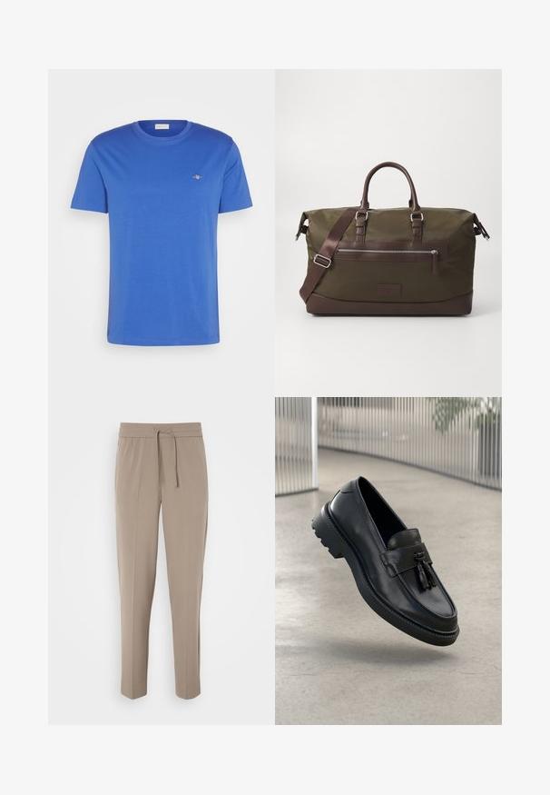 Sinine lühikeste varrukatega puuvillane T-särk. Omab ümmargust kaelust ning rinnal on väike tikandiga logo. Sile tekstuur.; Heledad beezised püksid elastse vöökohtaga, reguleeritava paelaga ja kitsenevad sääred. Kanga pind näib sile ja kerge sära.; Mustad nahast mokassiinid, millel on sile viimistlus, dekoratiivne tutt, paks kummist tald ja õmmeldud detailid. Kerge ja voolujooneline disain.; Olive roheline kanvasist duffel kott pruuni nahkdetailidega, omab kaht käepidet, eemaldatavat õlavarre rihma ja esiküljel lukuga taskut.