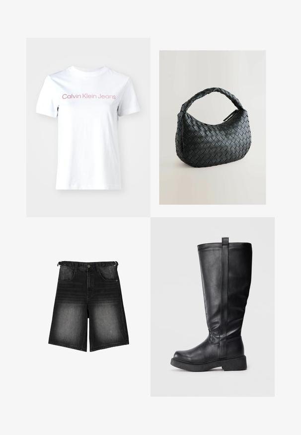 Hvid bomulds t-shirt med teksten "Calvin Klein Jeans" i lys pink henover brystet. Korte ærmer og rund hals.; Sorte denim shorts med en falmet finish, fem lommer, knaplukning og bæltestropper. Stoffet har en glat overflade.; Sorte knæhøje støvler lavet af glat læder med en flad sål, der har en sidesøm og en lille løftestrop øverst for nem påtagning.; Sort vævet håndtaske med en rund form, struktureret overflade og et tykt fletgreb. Har en lynlås til sikker opbevaring.