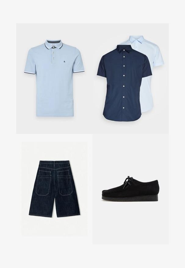 Polo di colore azzurro chiaro realizzato in cotone, con colletto a tre bottoni, colletto a contrasto e polsini a costine con accenti blu scuro.; Camicie button-up a maniche corte, una blu navy e una azzurro chiaro, con colletto, pattina frontale e texture di tessuto liscia.; Pantaloni shorts in denim blu scuro con una vestibilità ampia, dotati di due tasche posteriori, cuciture a contrasto e un design a gamba dritta.; Scarpe in suede nere con una punta arrotondata, chiusura con lacci e suola in gomma nera texturizzata. Parte superiore liscia con dettagli di cucitura discreti.