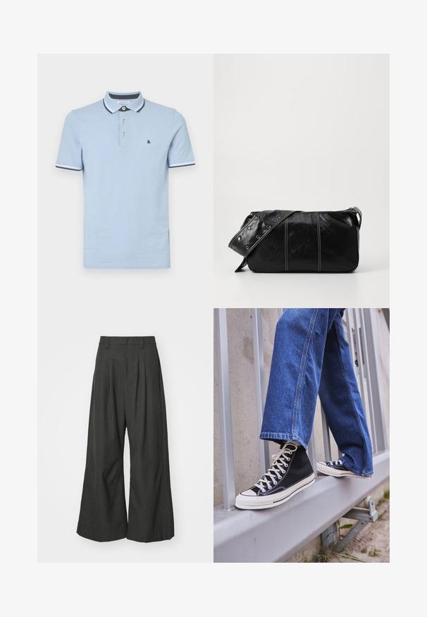 Svijetloplava pamučna polo majica sa tri dugmeta, kontrastnim ovratnikom i rebrastim rukavima s tamnoplavim detaljima.; Jaded London GOLIATH TROUSER UNISEX - Hlače - grey; Crne visoke tenisice s bijelim potplatom i vezicama, u kombinaciji s širokim plavim trapericama, naslonjene na sivi ogradu.; Crna kožna torba preko ramena s zatvaranjem na patentni zatvarač, s teksturiranim tijelom, bijelim šavovima i remenom sa srebrnim okovima.