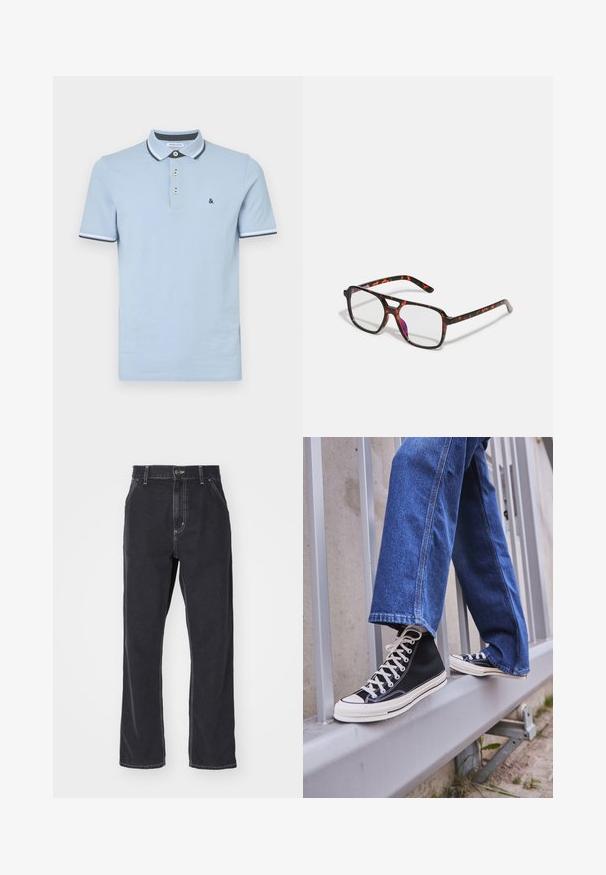 Lyseblå poloskjorte laget av bomull, med tre knappelukking, kontrastfarget krage og ribbede mansjetter med mørkeblå detaljer.; Svarte denimjeans med rett benkutt, med glidelås i front, fem lommer og kontrastsømmer langs sømmene.; Svarte høy-hælte joggesko med hvit såle og snøring, paired med løse blå denim-jeans, hvilende på et grått rekkverk.; Brune og oransje tortoiseshell-mønstrede briller med rektangulære linser, svarte og oransje rammer, med en blank overflate og slanke stenger.