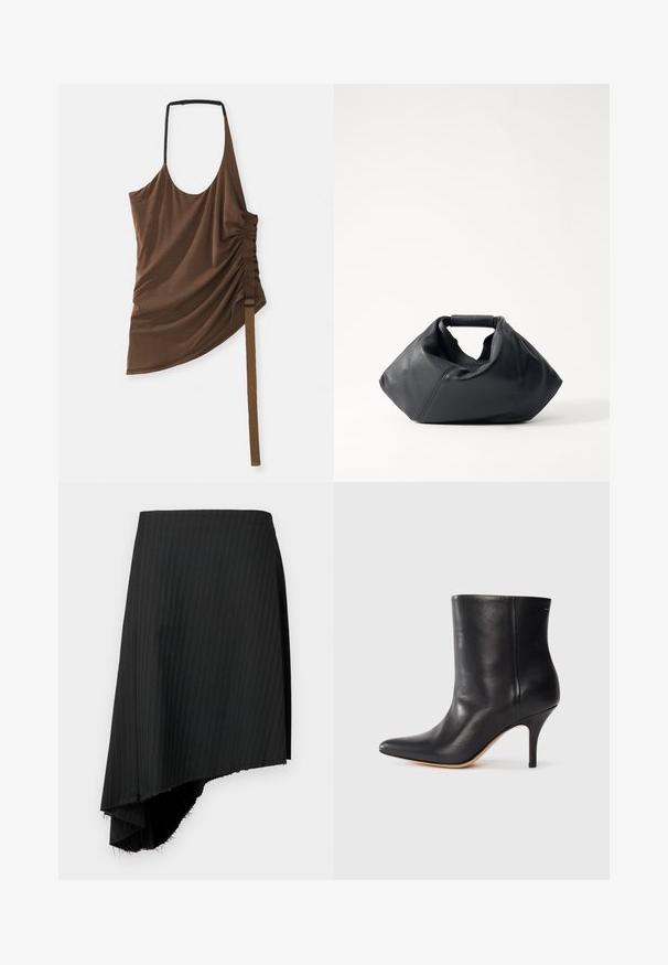 Haut marron sans manches au design drapé, un côté froncé avec une sangle texturée et un détail de boucle adjustable. Finition en tissu lisse.; Jupe noire à rayures avec un ourlet asymétrique, présentant des bords bruts. Fabriquée en tissu léger avec une texture lisse.; Bottine en cuir noir à bout pointu, avec un talon aiguille fin et une texture lisse. Design minimaliste sans matériel ou accents visibles.; Sac en cuir noir avec un extérieur texturé, une forme froissée unique et une courte poignée. Dispose d'un seul compartiment principal.