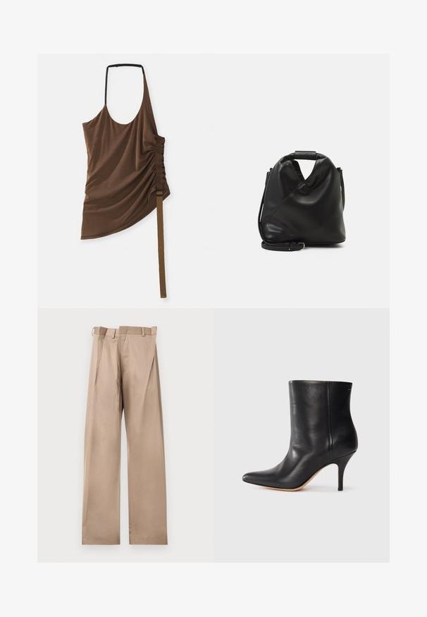 Haut marron sans manches au design drapé, un côté froncé avec une sangle texturée et un détail de boucle adjustable. Finition en tissu lisse.; Pantalons beiges ajustés avec une jambe droite, présentant un devant plat, des passants de ceinture et des plis. Fabriqués dans un tissu lisse avec une texture douce.; Bottine en cuir noir à bout pointu, avec un talon aiguille fin et une texture lisse. Design minimaliste sans matériel ou accents visibles.; Sac en cuir noir et doux avec un design torsadé unique. Doté d'une courte poignée et d'une bandoulière amovible. Style minimaliste.