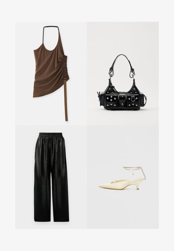 Barna, ujjatlan felső, drapírozott dizájnnal, az egyik oldalon redőzött, texturált pánttal és állítható csattal. Sima anyagú kivitel.; Fekete bőr széles szárú nadrág, rugalmas derékkal, két oldalsó zsebbel és sima, fényes textúrával.; Hegyes orrú sárga szatén slingback cipő alacsony sarokkal és díszített láncos bokapánttal, amelyen cirkónia kövek találhatók. Simább textúra, minimalista design.; Fekete bőr kézitáska ívelt designnal, ezüst szegecsekkel, csattal és két oldalsó zsebbel. Állítható vállpánt a hordozási lehetőségekhez.