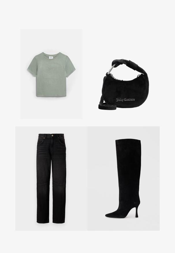 Heleroheline puuvillane t-särk lühikeste varrukatega, mille rindkerele on tikitud kivikestega sõna "Juicy". Klassikalise ümmarguse kaelusega.; Mustad teksad sirge lõikega, viis taskut, nupuga kinnitamine ning õrn pleekinud detailimine reisil ja põlvedel.; Säärte pikkune must nahast saabas terava ninaga ja peene kontsaga, millel on sile tekstuur ja tõhus disain.; Must musta õlakott, millel on lainekuju, pehme käepide, hõbedased ahela aksessuaarid ja "Juicy Couture" logo metallkirjas.