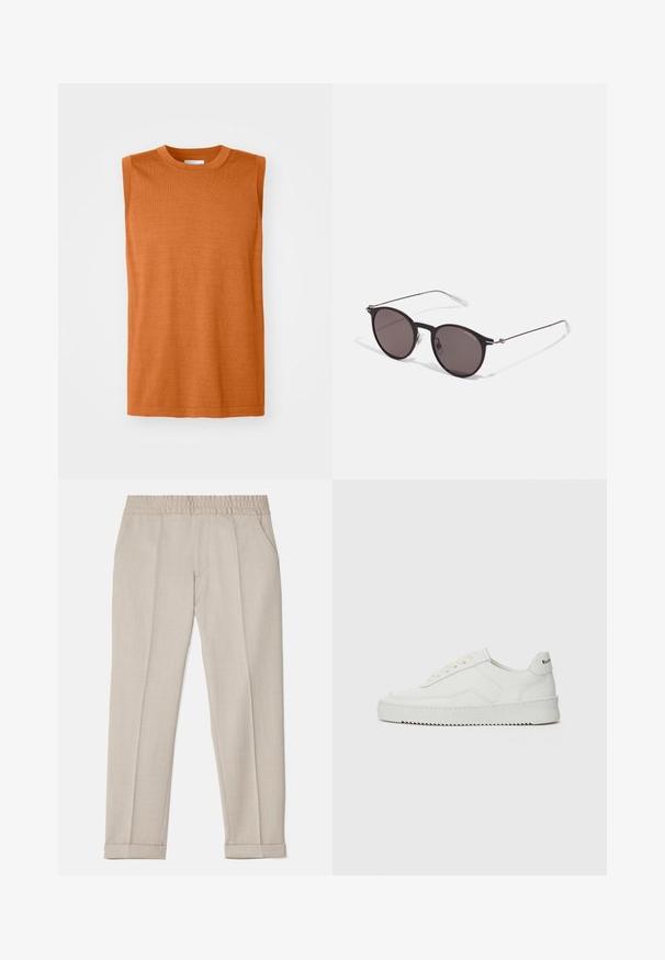Ärmelloses oranges Stricktop mit Rundhalsausschnitt, glatter Textur und geradem Schnitt, mit einem sauberen Saum und minimalem Design.; Filippa K TERRY CROPPED TROUSERS - Stoffhose - sage melange; Weiße Ledersneaker mit glatter Oberfläche, runder Zehenpartie, flachen Schnürsenkeln und strukturiertem Sohlenprofil. Mit einem dezenten Logo an der Ferse.; Schwarze runde Sonnenbrille mit dunklen Gläsern und schlanken Metallbügeln. Enthält klare Tempelspitzen und silberne Akzente am Scharnier. Minimalistisches Design.
