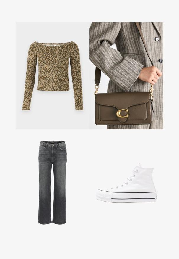 Bež jaaguru mustriga pikkade varrukatega T-särk tumepruuniga. Pehme puuvilla segu, ümmarguse kaelusega ja keha lähedane disain.; Laiad püksid tumedast hallist denimist, klassikalise viie taskuga disainiga, õmmeldud detailid ja nööbiga sulgemine vööl.; Valge kõrgem kangast tenniseking, millel on must kummist tald, ees kummist varvasetugi ja kuus aukku paelte jaoks, pakkudes puhta ja minimalistliku disaini.; COACH TABBY SHOULDER BAG 26 - Käekott - dark stone