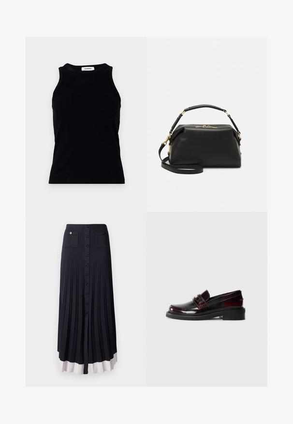 Svart ribbestrikket topp med rund halslinje og brede skulderstropper. Har ingen dekorasjoner eller mønstre. Glatt tekstur.; Plisserte maxiskjørt i mørk marineblå med knappeåpning. Har to frontlommer og en lyst farget kant. Laget av et mykt, teksturert materiale.; Lærloffere i mørk burgunder med en glanset finish. Har en sydd overdel, en frontstropp og en flat gummisåle.; sandro Håndveske - noir