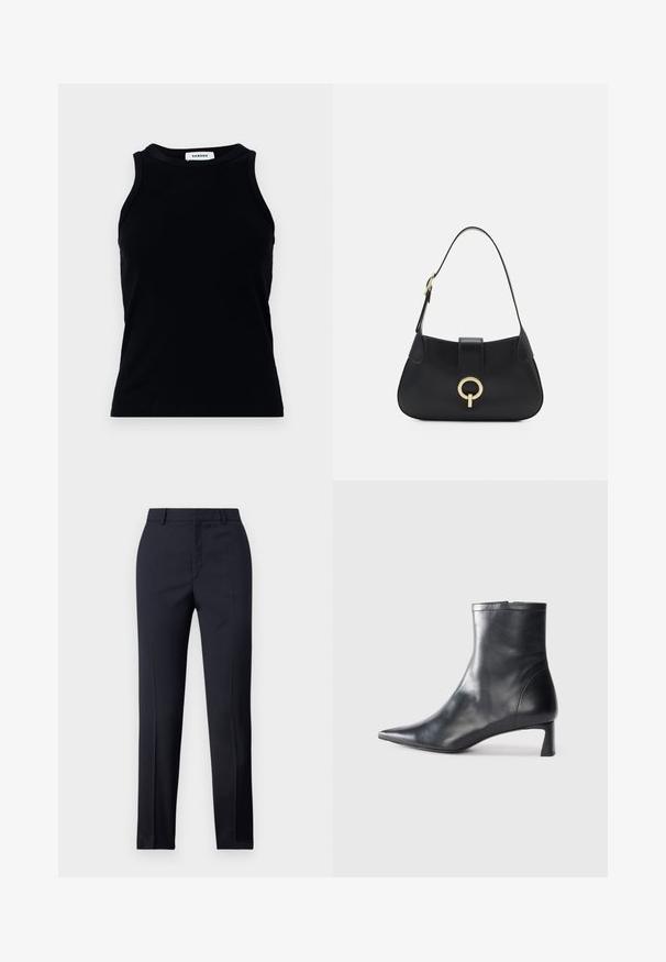 Černý žebrovaný top bez rukávů s kulatým výstřihem a širokými ramínky. Bez ozdob a vzorů. Hladká textura.; Navy kalhoty s rovný střih, vyrobené z hladkého materiálu, se dvěma předními kapsami a čistým pasem.; Černé kožené kotníkové boty s špičatou špičkou a elegantním designem. Mají nízký podpatek a zipové zapínání na zadní straně. Hladká textura.; Černá kožená kabelka s zakřiveným siluetou, krátkým popruhem, centrálním zlatým kováním a hladkým povrchem. Bez viditelných vzorů nebo akcentů.
