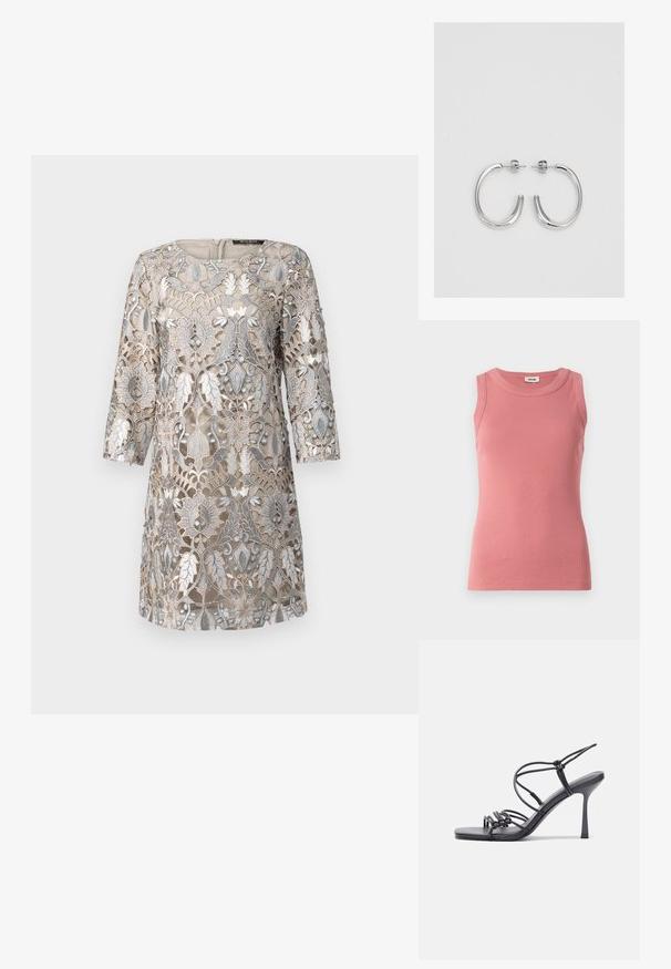 Pink ribbed tank top with a round neckline, sleeveless design, and a fitted silhouette, crafted from a soft, stretchable material.; Beige dress with intricate silver floral lace overlay, three-quarter sleeves, round neckline, and a back zipper closure. Textured design detail.; Black high-heeled sandals feature thin straps with a knotted design, a smooth square toe, and a sleek stiletto heel.; Light gray metallic handbag featuring a chain strap, embellished with small circular metallic studs and a triangular brand logo.; Silver hoop earrings with a smooth, shiny surface, featuring a curved shape and post-back closure. Minimalist design with a modern finish.