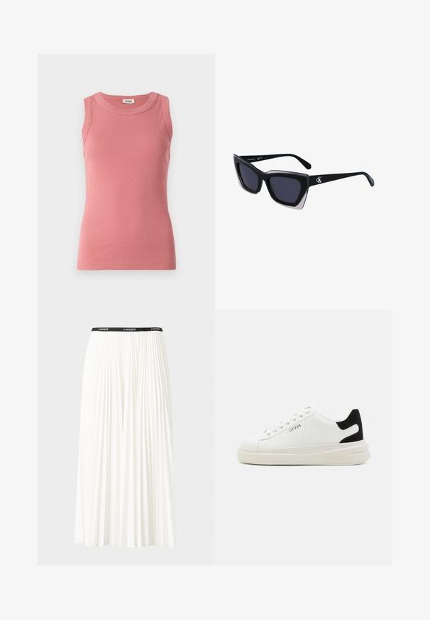 Rožu ribota bezšķautņu topiņa ar apaļu dekoltē, bez piedurknēm un pieguļošu siluetu, izgatavota no mīksta, elastīga materiāla.; Gari plānas baltas svārku ar melnu elastīgu jostu, uz kuras redzams "LACOSTE" logo. Vidēja garuma dizains ar mīkstu tekstūru.; Baltas ādas sporta apavi ar biezu balto zoli, melna zamša uzpura un izspiestais logotips sānos. Šņorējuma dizains ar sešiem acu caurumiem.; Melni pārmēru saulesbrilles ar ģeometrisku formu, kas aprīkotas ar tumšiem stikliem un kontrastējošu pelēku akcentu uz rāmja. Logo uz kājas.