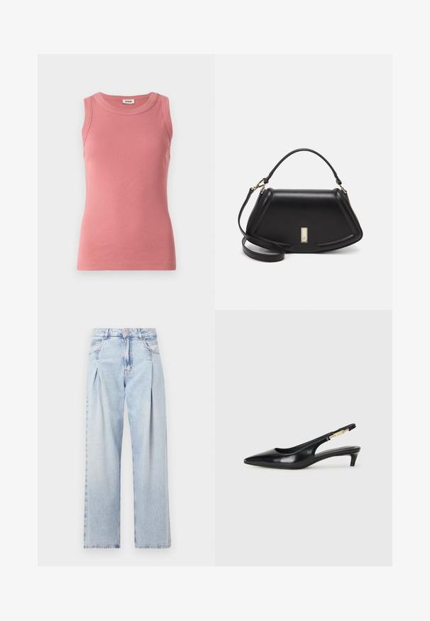 Roze geribbelde tanktop met een ronde halslijn, zonder mouwen en een getailleerde pasvorm, gemaakt van een zachte, rekbare stof.; Lichtblauwe denim jeans met een hoge taille, wijde pijpen, twee zijzakken en geplooid ontwerp. Zachte textuur met een vervaagd uiterlijk.; Zwarte leren slingback hakken met een spitse neus, voorzien van een slanke hak en een goudkleurige accent op de verstelbare band. Gladde textuur.; Zwarte leren handtas met een gestructureerd ontwerp, featuring een verkorte vorm, bovenhandvat en gouden hardwareaccent. Inclusief verstelbare schouderband.