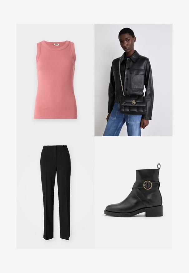 Rosa gerippter Tanktop mit runder Ausschnitt, ärmellosem Design und figurbetonter Silhouette, gefertigt aus einem weichen, dehnbaren Material.; Schwarze, taillierte Hose mit geradem Bein, aus einem glatten Stoff und mit klaren Falten an der Vorderseite. Keine sichtbare Hardware.; BOSS IRYNA BOOTIE - Plateaustiefelette - black; Schwarze Lederjacke mit Knopfverschluss und zwei vorderen Taschen, kombiniert mit einer schwarzen gesteppte Handtasche mit goldener Schnalle und Kettenriemen.