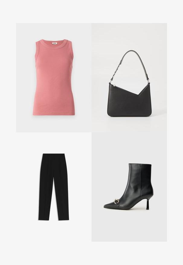 Rosa gerippter Tanktop mit runder Ausschnitt, ärmellosem Design und figurbetonter Silhouette, gefertigt aus einem weichen, dehnbaren Material.; Schwarze Hose mit geradem Schnitt, doppelten Falten, einer glatten Textur und einem klassischen Bunddesign. Keine sichtbaren Beschläge oder Akzente.; Schwarze Leder-Stiefelette mit spitzer Zehe, schlankem, mittelhohem Absatz und silberner Schnalle seitlich vor einem schlichten Hintergrund.; Schwarze Lederhandtasche in dreieckiger Form, mit schmalem Tragegurt und silbernem Zubehör. Sie verfügt über einen Reißverschluss und ein geprägtes Logo auf der Vorderseite.