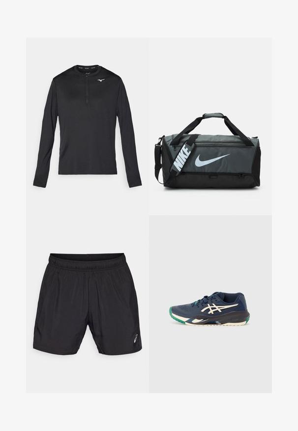 Čierne športové tričko s dlhým rukávom, vybavené polovičným zipsom na krku a malým bielym logom na hrudi. Vyrobené z hladkej, ľahkej tkaniny.; Čierne atletické šortky vyrobené z ľahkého materiálu, s elastickým pásom a malým logom na dolnej ľavej strane.; Námornícke atletické topánky s sieťovaným zvrškom, bielym logom, zeleným akcentom na špičke a viacfarebnou podrážkou. Aerodynamický dizajn s textúrovaným povrchom.; Duffle taška Nike s tmavošedým a čiernym dizajnom, so veľkým bielym logom, dvoma rúčkami a nastaviteľným ramenným popruhom.