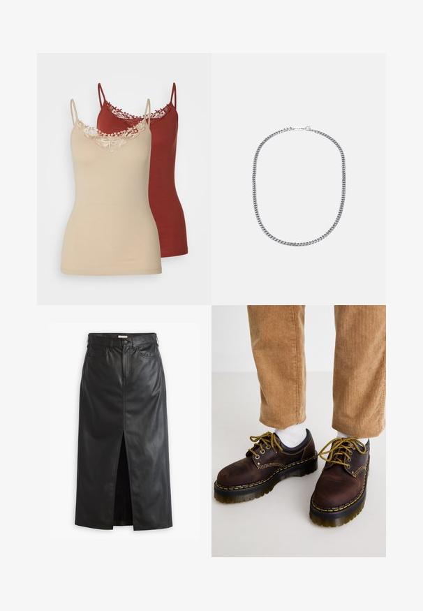 Two camisoles in beige and burgundy. Both feature thin straps and lace trim at the neckline. Smooth fabric with a fitted design.; Black leather skirt with a front slit, high waist, and classic denim styling. Features pockets and stitching details for added texture.; Brown leather shoes with yellow stitching, round toe, thick platform sole, and contrasting black accents. Worn with white socks and corduroy pants.; Silver metal chain necklace featuring thick, interlocking links, polished texture, and a small clasp with branding detail.