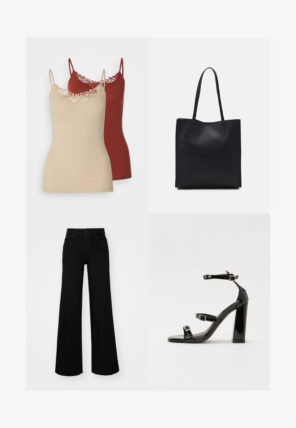Due camicie in beige e bordeaux. Entrambe presentano spalline sottili e un bordo in pizzo sullo scollo. Tessuto morbido con un design aderente.; Pantaloni neri a gamba larga in denim, con una vita strutturata, passanti per la cintura e tasche frontali. Texture liscia con un design classico.; Sandali con tacco in vernice nera, con punta squadrata, cinturini alla caviglia e fibbie in argento. Presentano un tacco a blocco spesso per maggiore stabilità.; Borsa tote in pelle nera con texture liscia, forma rettangolare e due manici lunghi. Nessun hardware o decorazione visibile.