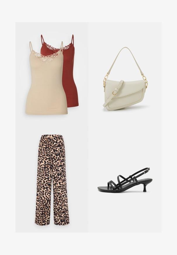 Twee camisoles in beige en bordeaux. Beide hebben dunne bandjes en kanten afwerking bij de halslijn. Gladde stof met een getailleerd ontwerp.; Wijdvallende pantalons van zachte stof met een luipaardprint in warm beige en donkerbruin, met een elastische tailleband voor comfort.; Zwarte pumpsandalen met meerdere kruissluitingbandjes. Gladde stof, spitse neus en smalle hak. Verstelbare enkelband met gesp.; Kleine crèmekleurige handtas met een textuurafwerking, een lange verstelbare schouderband, een kettingaccent en een klepsluiting. Gouden hardware-details.; Gouden creolen met een gladde, glanzende afwerking. Circulaire vormgeving met een kleine post en een doorzichtige achterkant voor een veilige draagervaring.