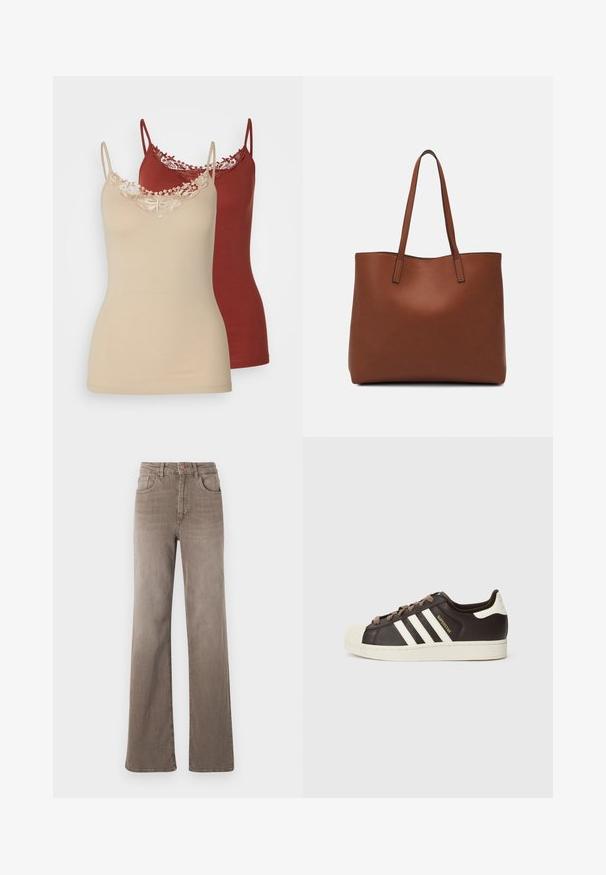 Två linnen i beige och vinröd. Båda har tunna axelband och spetsdetaljer vid halslinningen. Slät tyg med en figurnära design.; Bruna högmidjade rakbenade jeans med framknapp, bältesöglor och klassisk femfickorsdesign på vit bakgrund.; Low-top Adidas Superstar-sneaker i mörkbrunt läder med krämfärgad tåhätta, vita ränder och texten "Superstar" på sidan.; Brun läder tote-väska med en slät textur, öppen toppdesign och två axelremmar. Har minimal söm och ingen synlig metalldetalj.