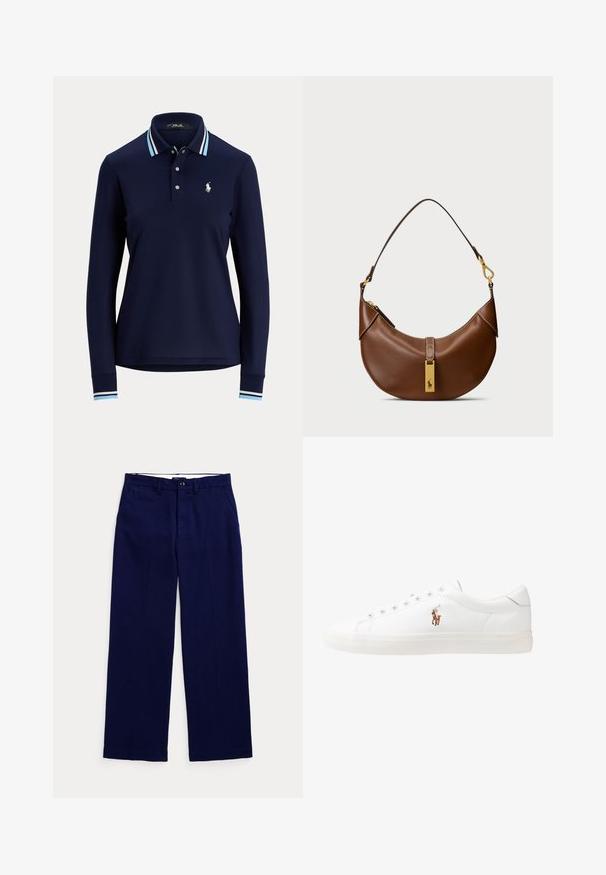 Polo de manga longa azul-marinho com colarinho e punhos listrados em azul claro e branco, faixa de botões e logotipo do jogador de polo bordado em branco no peito.; Calças de perna reta em azul-marinho, com passantes para cinto, fecho com botão e bolsos laterais, em um fundo claro liso.; Sapatilhas de couro brancas, design de cano baixo, com textura suave, biqueira redonda, atacadores à frente e um pequeno logótipo bordado na lateral.; Bolsa de ombro de couro castanho com forma curvada, hardware dourado, detalhe de fecho superior e um logotipo em destaque. Textura lisa com bordas costuradas.