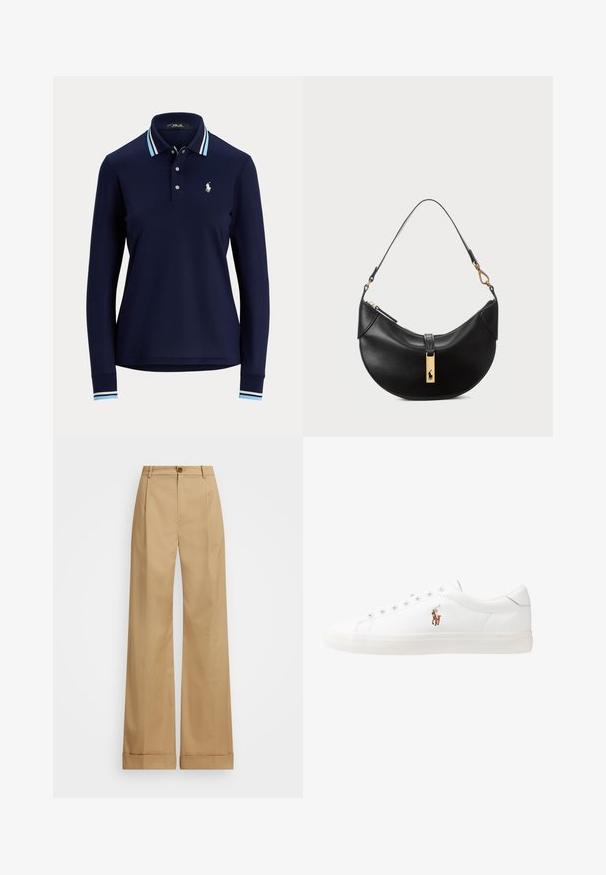 Πολυεστερική μπλούζα polo με μακριά μανίκια σε ναυτικό μπλε χρώμα, με κολάρο και μανσέτες σε ανοιχτό μπλε και λευκό ρίγες, κουμπιά μπροστά και λευκό κεντημένο λογότυπο παίκτη του polo στο στήθος.; Μπεζ παντελόνια με ευρεία κοπή και κλείσιμο με κουμπί, χαρακτηρισμένα από απαλή υφή και πιεσμένες πτυχές. Μανσετών στους αστραγάλους για επιπλέον λεπτομέρεια.; Λευκά δερμάτινα sneakers, χαμηλού σχεδιασμού, με απαλή υφή, στρογγυλή μύτη, δέσιμο μπροστά και μικρό κεντημένο λογότυπο στο πλάι.; Μαύρη δερμάτινη τσάντα χειρός σε σχήμα μισού φεγγαριού. Διαθέτει χρυσή μεταλλική λεπτομέρεια και στενό λουρί. Απαλή υφή, κλείσιμο με φερμουάρ στην κορυφή.