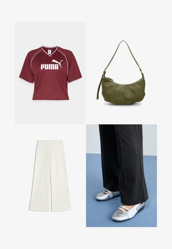 Bordeaux roestkleurig, kort mouwen, cropped sportshirt met een V-hals en witte accenten. Heeft een opvallend wit "PUMA" logo aan de voorkant.; Witte wijde broek gemaakt van gladde stof. Ze hebben een hoge taille en geen zichtbare naden, wat zorgt voor een strakke silhouet.; Zilveren en witte platte schoenen met kruislingse banden en textuurdetails, aangevuld met losse zwarte broeken. Geplaatst tegen een blauwe vloer.; Olijfgroene leren schoudertas met een gebogen vorm, ritssluiting en verstelbare schouderband. Vriendelijke textuur met minimale hardware-accenten.