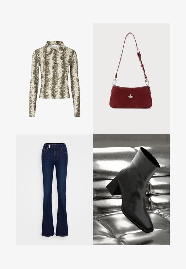 Tricou polo cu mânecă lungă de culoare bej, cu un model abstract maro, având un guler, un placket cu trei butoane și o textură ribbed.; Jeanși evazați de culoare albastru închis, cu talie înaltă, două buzunare frontale și două închideri cu nasturi. Fabricati din denim cu o textura netedă.; Cizme negre până la gleznă, realizate dintr-un material lucios, cu vârf pătrat și toc conic, plasate pe un fundal strălucitor de argint, cu un model tuftat.; Geantă de umăr din suede roșu, cu o formă curbată. Are un accent de ton argintiu și o curea ajustabilă cu detalii din metal. Textură netedă.