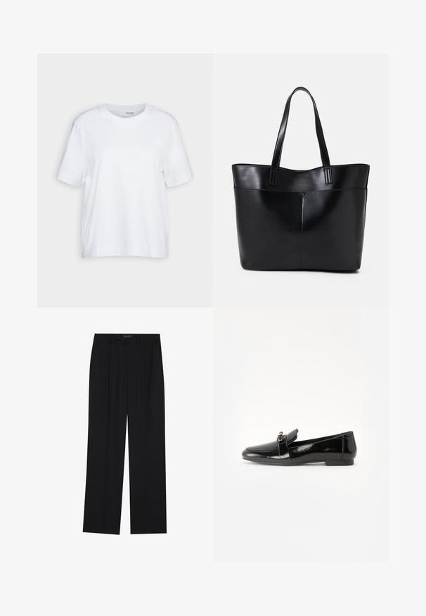 Camiseta blanca de manga corta, con cuello redondo, hecha de un suave y liso tejido de algodón, con un dobladillo recto y un detalle mínimo. Diseño sencillo y versátil.; Pantalones negros con un diseño de pierna recta, que cuentan con dos bolsillos frontales y una cinturilla. Fabricados con una tela suave y ligera.; Mocasín de charol negro con suela plana, punta redonda y una correa decorativa con un acento en tono dorado. Acabado suave y brillante.; Bolso tote de cuero negro con dos asas largas, textura suave y forma estructurada. Cuenta con un bolsillo frontal para almacenamiento adicional.