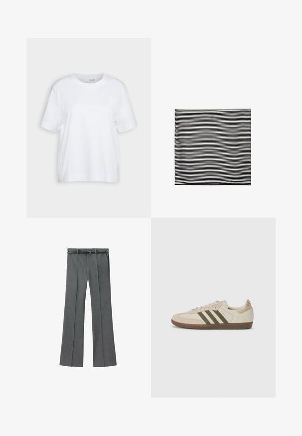 Bílý triko s krátkým rukávem, kulatým výstřihem, vyrobené z měkké, hladké bavlny, s rovním lemem a minimálním zdobením. Jednoduchý a univerzální design.; Šedé kalhoty na míru se rovnou nohavicí, lehký materiál, poutka na opasek a úzký opasek se stříbrnou sponou.; adidas Originals SAMBA OG UNISEX - Tenisky - alumina/medium dark khaki/gum; Černobílý pruhovaný šátek, vyrobený z lehké tkaniny. Obdélníkový tvar s rovnoměrně střídajícími se pruhy různých šířek. Měkká textura.; Černá kožená kabelka se strukturovaným designem, horním uchopením a zlatým kovovým zapínáním na přední straně. Hladký povrch, minimální švy.