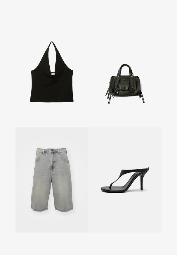 Black halter top with a deep V-neck design. Made of smooth fabric, it features a fitted silhouette and a clean hem. No hardware or accents.; Light blue denim shorts with a relaxed fit, featuring five pockets, belt loops, and a faded texture. The hem is rolled and stitched.; Black high-heeled sandals with a thin strap, thong design, pointed toe, and a sleek, smooth finish. Flat sole with a discreet heel.; Black leather handbag with braided handles, zipper pocket, and hanging tassels. Textured surface with metal studs and hardware accents.