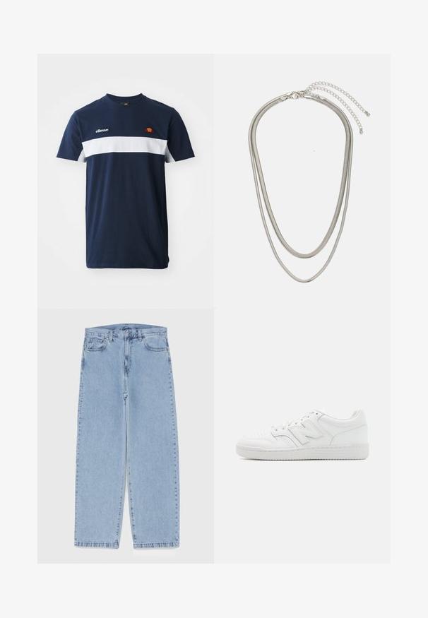 Ellesse DINELLI TEE - Printtipaita - navy; Vaaleansiniset farkut suoran lahkeen muotoilulla, joissa on puolivälin vyötärö, viisi taskua sekä nappi- ja vetoketjusuljenta.; Valkoiset tennarit, jotka on valmistettu sileästä nahasta. Niissä on perforoitu varpaat, teksturoitu kumipohja, litteät nauhat ja korostettu 'N' -logo sivussa.; Kolmikerroksinen hopeametallinen kaulakoru, jossa on tyylikkäitä, joustavia ketjuja, joissa on hieno kiilto. Kaulakoru on kiinnitetty hummerilukolla ja siinä on säädettävä ketju.