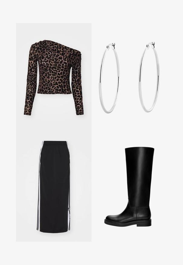 Dugo rukav, top s jednim ramenom od smeđeg materijala s crnim uzorkom leoparda i teksturiranim detaljima duž ramena.; Crna sportska suknja s bijelim bočnim prugama, elastičnom waistband-om i logotipom. Izrađena od prozračnog materijala, dužine do koljena.; Crne kožne čizme do koljena s glatkom teksturom, zaobljenim vrhom, suptilnim dizajnom i niskim blok petama. Nema vidljivih dijelova od hardvera ili uzoraka.; Srebrne naušnice u obliku obruča s glatkom, poliranom završnom obradom i besprijekornim dizajnom, s zaobljenim rubovima i sigurnim kopčama.