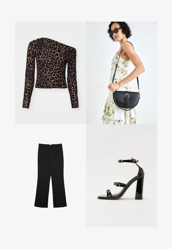 Långärmad, enaxlad topp i ett brunt tyg med ett svart leopardmönster och texturerade detaljer längs axeln.; Svarta byxor med rak passform, utrustade med framfickor och sidoklyvningar vid fållen. Tillverkade av mjukt, slätt tyg. Lämpliga för olika tillfällen.; Svarta lackerade högklackade sandaler med två spännband, fyrkantig tå och en tjock klack, med en slät och glansig yta.; Svart läderhandväska med en böjd form, avtagbar rem och guldiga detaljer. Väskan har ett lock med en spänndetalj.