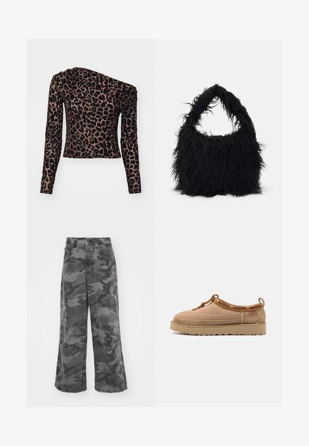 Pikkade varrukatega, ühele õlale mõeldud topp pruunist kangast, millel on must leopardimuster ja tekstuuriga aktsendid õlal.; Hallid, hallitoonis kamuflaažiga teksad, valmistatud denimist, kaht küljetaskut ja kõrgema vöökohaga disainiga. Tekstuuriga kangas koos trükimustriga.; Kergelt pruunist nubukist slip-on kingad ümarate varvastega, millel on dekoratiivne õmblemine, nahkadetailid ja kummist talla.; Even&Odd Kandekott - black