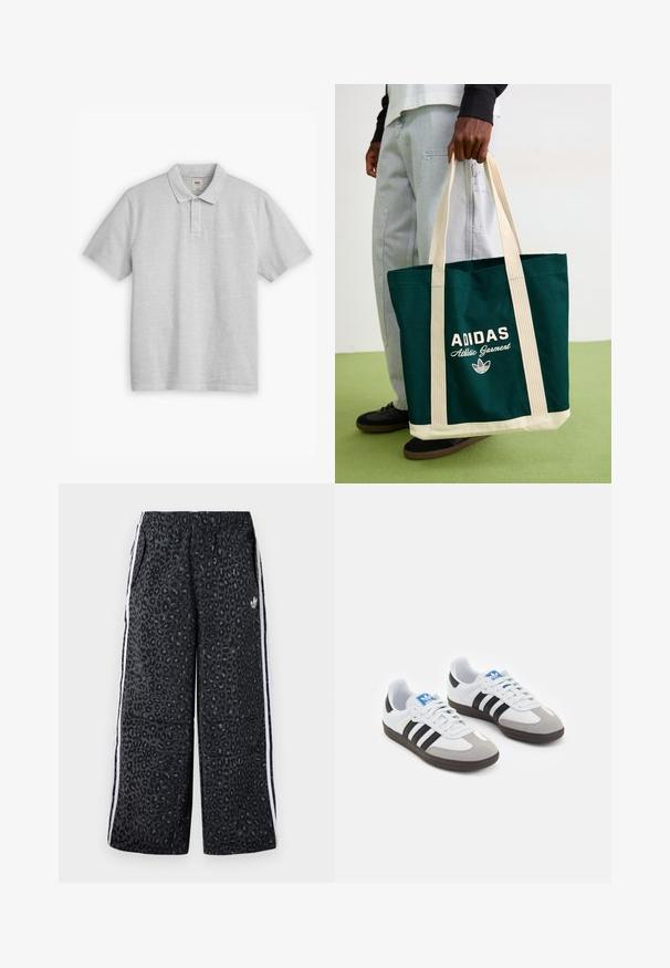Pilkai polo marškiniai, pagaminti iš medvilnės. Turi klasikinį apykaklę, dvi mygtukų langelius ir nedidelį siuvinėtą logotipą ant krūtinės.; adidas Originals GRAPHIC UNISEX - Treningo apatinė dalis - black; Sportiniai batai su balta odine viršutine dalimi, pilku zomšiniu priekiu ir trimis juodomis juostelėmis. Ant liežuvio yra mėlynas logotipas, o padas pagamintas iš tekstūruoto gumos.; Asmuo laiko tamsiai žalią Adidas rankinę su šviesiai ruda rankenomis ir dugnu, vilkėdamas šviesiai mėlynus džinsus ir juodus batus ant žalios grindų.