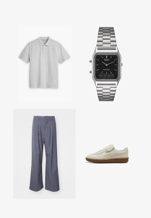 Svetlo šedá polo tričko vyrobené z bavlny. Obsahuje klasický golier, zapínanie na dve gombíky a malé vyšívané logo na hrudi.; Šedé prúžkované nohavice so širokým strihom, s plisovaním na prednej strane a hladkým povrchom. Bez viditeľných kovových prvkov alebo akcentov.; Biele kožené tenisky s textúrovanými akcentmi, gumovou podrážkou a zlatým logom. Obsahujú šnúrky a suchý zips na uzavretie.; Strieborné nerezové hodinky s kremíkovým strojčekom a čiernym obdĺžnikovým ciferníkom, vybavené analógovými ručičkami, digitálnym displejom a označením vodoodolnosti.