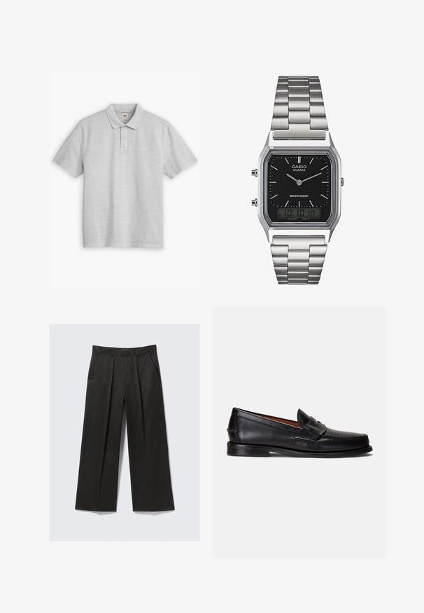 Világosszürke pólóing, pamutból készült. Klasszikus gallérral, két gombos záródással és kis hímzett logóval az említett részen.; Fekete, bő szárú nadrág sima textúrával, két elülső zsebbel és enyhén megemelt derékkal.; Fekete bőrből készült mokaszinok sima felülettel, lekerekített orral és díszítő szalaggal a felsőrészén. Alacsony fekete talppal rendelkeznek.; Ezüst rozsdamentes acél kvarcóra fekete, téglalap alakú számlappal, analóg mutatókkal, digitális kijelzővel és vízállósági jelöléssel.