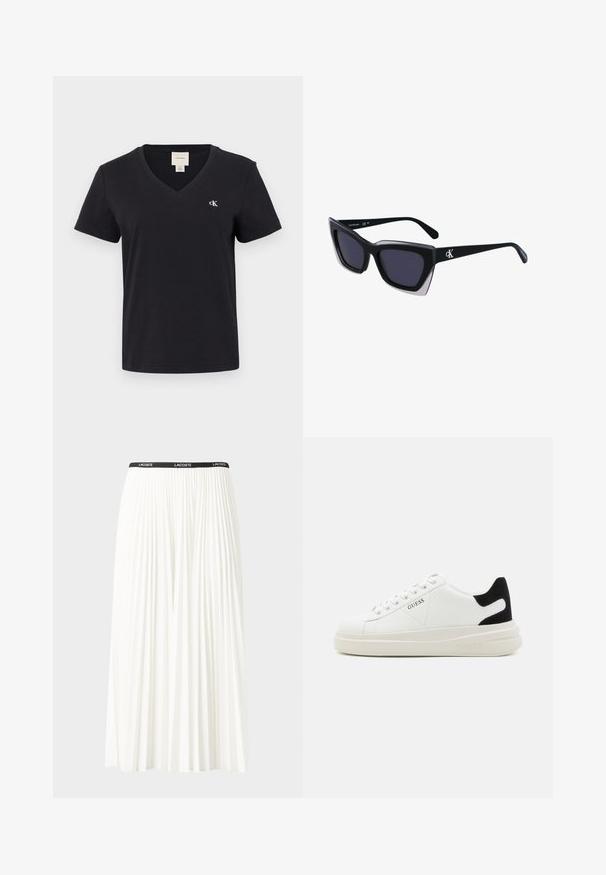 Schwarzes Baumwoll-V-Ausschnitt T-Shirt mit kurzen Ärmeln, das auf der linken Brust ein kleines weißes "ck"-Logo trägt. Einfaches, klassisches Design.; Faltenrock aus Weiß mit einem schwarzen elastischen Bund, der das "LACOSTE"-Logo trägt. Mittellanges Design mit weicher Textur.; Weiße Leder-Sneaker mit einer dicken weißen Sohle, schwarzem Wildlederakzent an der Ferse und geprägtem Logo an der Seite. Schnürdesign mit sechs Ösen.; Schwarze übergroße Sonnenbrille mit geometrischer Form, ausgestattet mit dunklen Gläsern und einem kontrastierenden grauen Detail im Rahmen. Logo am Bügel.