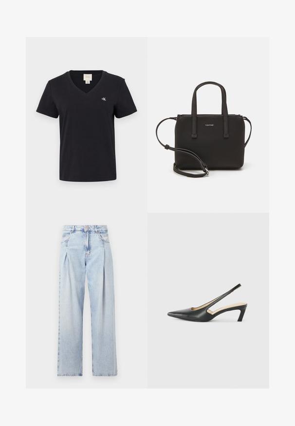 Sort bomulds T-shirt med V-hals og korte ærmer, der har et lille hvidt "ck" logo på venstre bryst. Enkel, klassisk design.; Lyseblå denim jeans med høj talje, bred benåbning, to sidelommer og plisseret design. Blød tekstur med et falmet finish.; Sorte spidse slingback-sko med en lav hæl, lavet af glat læder og med udskæringer på siden for åndbarhed.; Sort håndtaske med to korte håndtag og en aftagelig skulderrem. Glat læderagtigt materiale med lynlåslukning og logo detaljer.