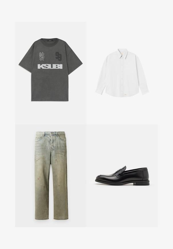 Šedé nadmerné tričko s okrúhlym výstrihom. Obsahuje biele písmo "KSUBI", číslo "99" a grafický dizajn. Vyrobené z mäkkej tkaniny.; Biela košeľa s gombíkmi a klasickým golierom, dlhými rukávmi a zaobleným lemom; obsahuje malé oranžové logo na dolnej ľavej strane.; Zničené džínsy vo svetlozelenej farbe s rovnými nohavicami, piatimi vreckami a nerovnomerným vyblednutím so škvrnami od farby.; Čierne kožené mokasíny s hladkou textúrou, zaoblenou špičkou a dekoračným pásikom cez priehlavok. Nízky vrstvený opätok, minimalistický dizajn.