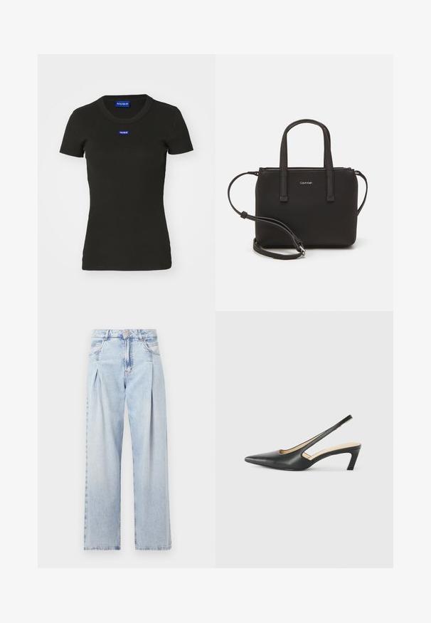 Camiseta negra de manga corta hecha de algodón acanalado, con una placa del logo azul "HUGO" en el frente. Diseño clásico de cuello redondo.; Jeans de mezclilla azul claros con cintura alta, corte de pierna ancha, dos bolsillos laterales y un diseño plisado. Textura suave con un acabado deslavado.; Zapato negro de punta afilada tipo slingback con un tacón bajo, que presenta un material de cuero suave y un diseño recortado en el lateral para mayor transpirabilidad.; Bolso de mano negro con dos asas cortas y una correa de hombro removible. Material suave tipo cuero con cierre de cremallera y detalle del logo.