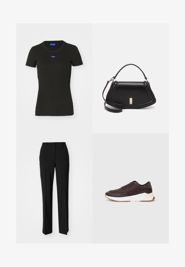 Schwarzes T-Shirt mit kurzen Ärmeln aus geripptem Baumwollstoff, das auf der Vorderseite ein blaues "HUGO"-Logo-Label aufweist. Klassisches Rundhalsdesign.; Schwarze, taillierte Hose mit geradem Bein, aus einem glatten Stoff und mit klaren Falten an der Vorderseite. Keine sichtbare Hardware.; Dunkelbrauner Sneaker mit schwarzer Einfassung, geprägtem Logo an der Seite, dicker weißer Sohle und gummifarbenem Außensohle auf einem einfarbigen Hintergrund.; Schwarze Lederhandtasche mit einem strukturierten Design, das eine verkürzte Form, einen oberen Griff und goldfarbene Hardware-Details aufweist. Verstellbarer Schulterriemen ist enthalten.