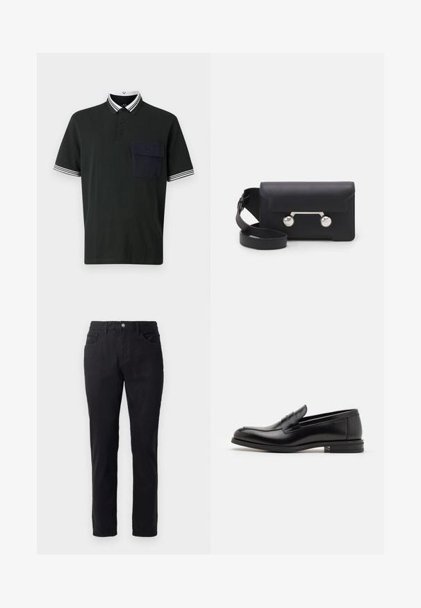 Camisa polo negra con un cuello a rayas en blanco y azul marino, tapilla de tres botones y un bolsillo de parche en azul marino en el lado izquierdo del pecho.; Pantalones de algodón negros con un diseño de pierna recta, que cuentan con un cierre de botón, dos bolsillos frontales y una textura suave.; Mocasines de cuero negro con una textura suave, puntera redondeada y una tira decorativa en el empeine. Tacón bajo apilado, diseño minimalista.; Bolso cruzado de cuero negro con cierre de solapa, herrajes en tono plata y dos acentos redondos. Cuenta con una correa desmontable. Textura suave.