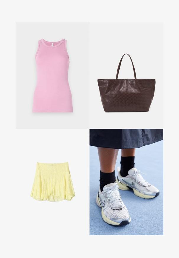 Roze tanktop met een aansluitend ontwerp, voorzien van een ronde halslijn en ribbeltextuur. Geen patronen of accenten aanwezig.; Gele klokrok gemaakt van gestructureerde stof, met een gelaagd ontwerp en een iets onregelmatige zoom. Lichtgewicht en luchtige uitstraling.; Witte en zilveren Nike sneakers van meshstof, met reflecterende accenten en een beige zool. Gedragen met zwarte sokken, staand op een blauwe ondergrond.; Bruine gevlochten leren tote bag met twee handvatten, een gestructureerde vorm en een getextureerd oppervlak, met een diamantpatroon overal.